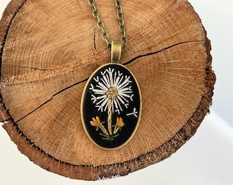 Dandelion Necklace with Hand Embroidered Dandelion, Make a Wish Grandmacore Pendant, Spring Cottagecore Necklace