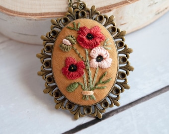 Embroidered Poppy Necklace,  California Poppies Necklace
