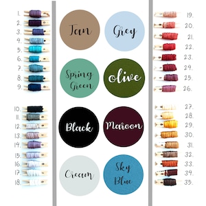 May include: A chart of 35 different colored embroidery floss spools, each labeled with a number. The floss colors include tan, grey, olive green, spring green, black, maroon, cream, and sky blue.
