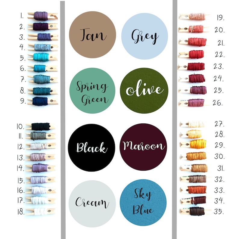 May include: A chart of 35 different colored embroidery floss spools, each labeled with a number. The floss colors include tan, grey, olive green, spring green, black, maroon, cream, and sky blue.