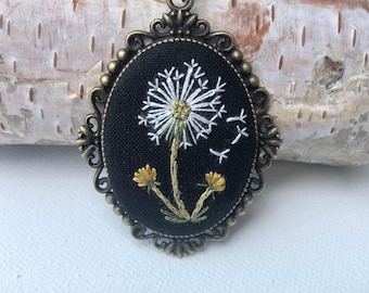 Dandelion Necklace with Embroidered Dandelion, Dandelion Seed Make a Wish Pendant, Bookish Jewelry, Dark Academia Fairycore Cottagecore