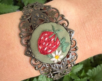 Strawberry Bracelet with Hand-Embroidery, Antique Bronze Bangle Bracelet, Fruit Bracelet, Filigree Bracelet, Vintage Cuff Bracelet