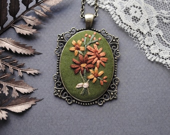 Embroidered Fall Bouquet Necklace: Cottagecore Olive Green Pendant