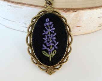 Purple Larkspur Necklace, Embroidered July Birthflower Necklace, Larkspur Necklace for Birthflower Gift in Antique Bronze Setting