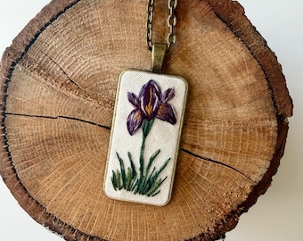 Iris Birth Flower Necklace, February Birthflower Necklace, Unique Handmade Purple Cotton Necklace