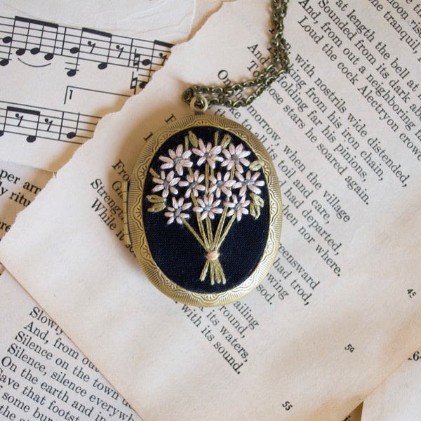 Embroidered Picture Locket Necklace, Large Oval Photo Locket