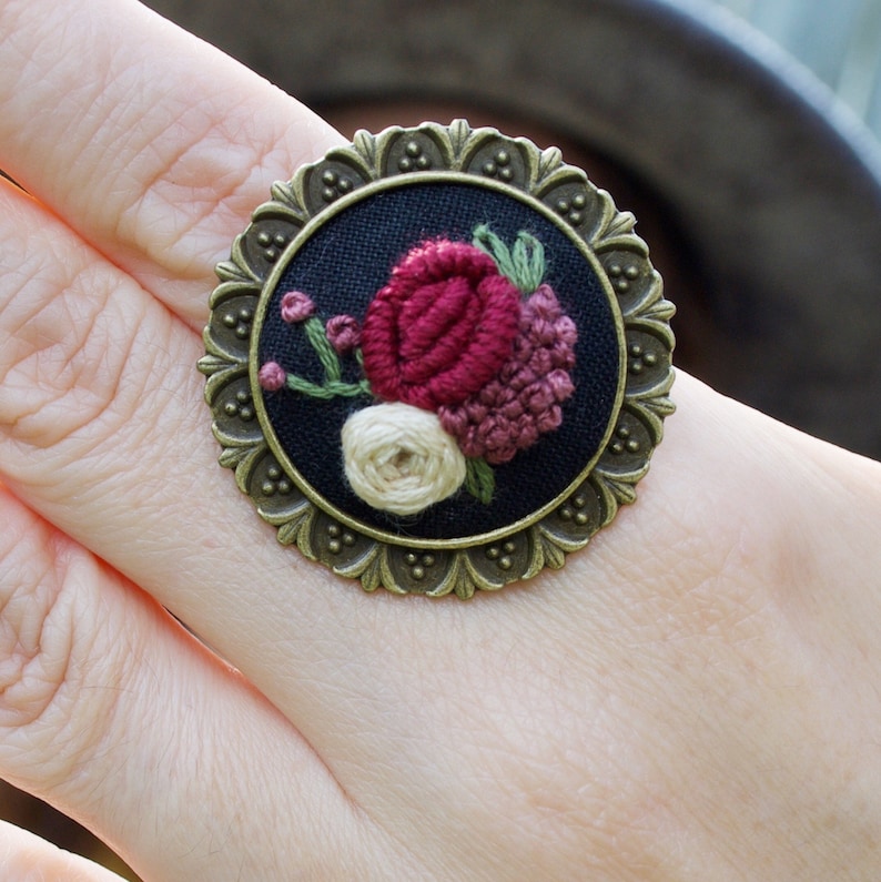 Embroidered Ring Chunky Ring With Hand Embroidered Flowers Etsy
