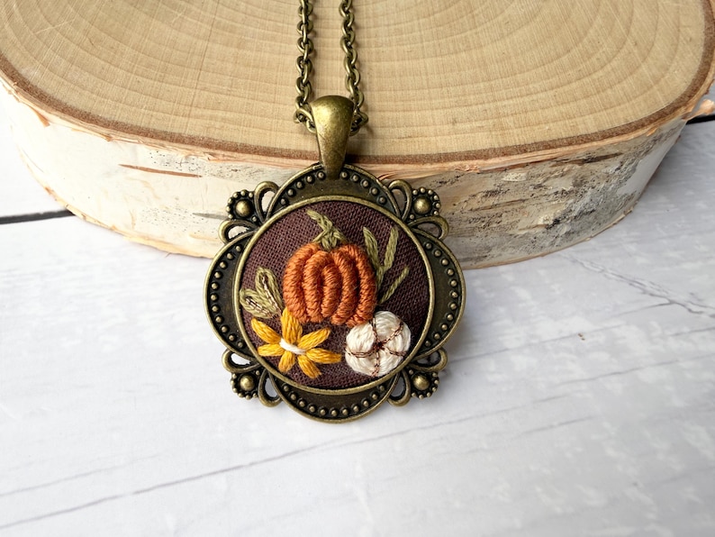 Hand Embroidered Pumpkin Necklace, Antique Bronze Cottagecore Fall Pendant Jewelry, Miniature Fiber Art, Cute Autumn Aesthetic Gift for Her image 1