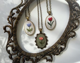 Tulip Necklace, Hand Embroidered Tulip Jewelry, Spring Necklace Handmade Jewelry