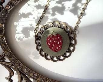 Hand-Embroidered Strawberry Necklace, Antique Bronze Fairycore Pendant, Cottagecore Fruit Jewelry or Journal Charm