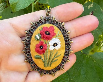 Embroidered Poppy Necklace,  California Poppies Necklace