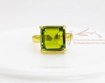 Square Peridot Ring: 18k Gold Plated, 925 Silver Boho Ring