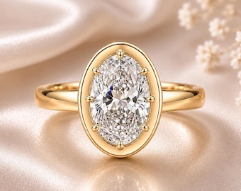 Oval Diamond Bezel Ring Gold Engagement Promise Bridal Statement Jewelry Elegant