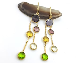 18k Gold Earrings, 925 Sterling Silver Earrings, Multi Stone Hanging Dangle Earrings, Round Gemstone Earrings, Unique Hook Dangle Earrings