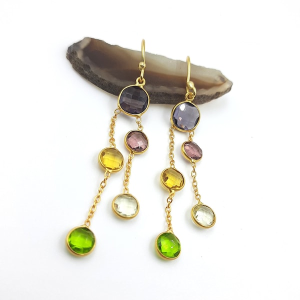 18k Gold Earrings, 925 Sterling Silver Earrings, Multi Stone Hanging Dangle Earrings, Round Gemstone Earrings, Unique Hook Dangle Earrings