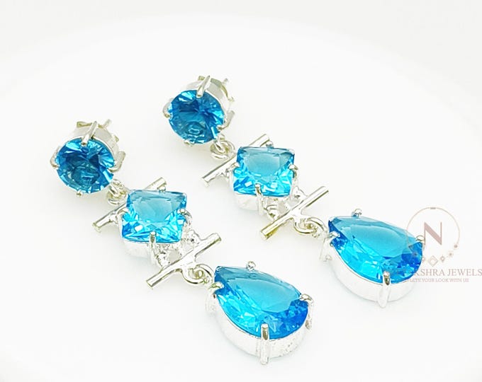 Featured listing image: Swiss Blue Topaz Earrings, 925 Sterling Silver Stud Earrings, Long Hanging Stone Earrings, Blue Stone Earrings, Gift For Women