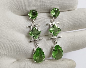 Green Stone Earrings, Beautiful Peridot Quartz Gemstone Earrings, Handmade Green Gemstone Earrings, Silver Studs, Long Dangle Studs For Her