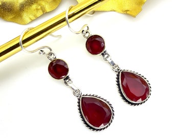 Pendientes colgantes de plata de ley con cuarzo rubí hechos a mano