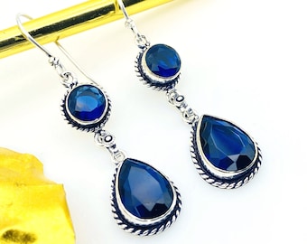 Oxidized Sterling Silver Blue Sapphire Dangle Earrings, Artisan Boho Hook Jewelry