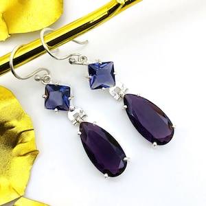 Boucles d'oreilles multi pierres, saphirs bleus et améthyste violette, boucles d'oreilles pendantes faites main, cadeau boucles d'oreilles en argent pour femme