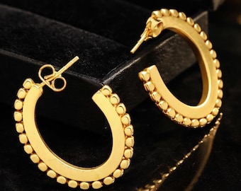 Gold Beaded Hoop Earrings, 18K Gold Plated Minimalist Boho Statement Jewelry