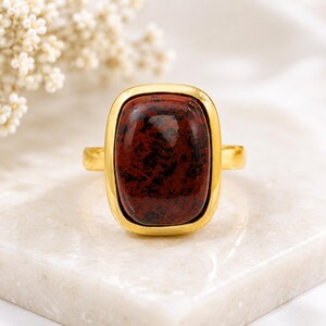 Red Obsidian Adjustable Statement Ring Handmade Boho Artisan Rectangular Bezel Women Gift Jewelry