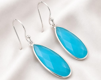 Aqua Chalcedony Marquise Dangle Earrings Handmade Sterling Silver Bezel Minimalist Elegant Jewelry Women Gift