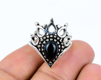 Black Onyx Crown Ring: Handmade 925 Sterling Silver Promise Ring