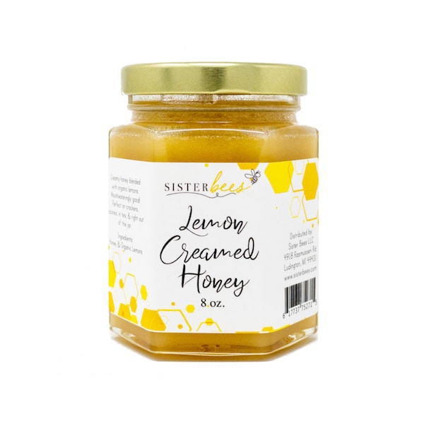 100% Raw Michigan Lemon Creamed Honey 8 oz Hexagon Glass container- perfect gift - Northern Michigan Raw Honey- Raw Honey