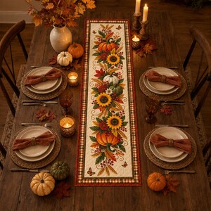 May include: A rectangular table runner featuring a quilted pattern with a central design of orange pumpkins, yellow sunflowers, red berries, and autumn leaves. The runner is centered on a wooden table set with four place settings, each including a woven placemat, white plate, and a folded rust-colored napkin.