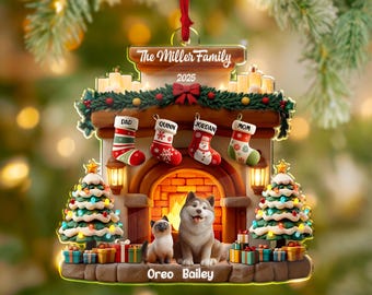 Custom Family Fireplace Christmas Ornament With Pets, Personalized Stocking Ornament