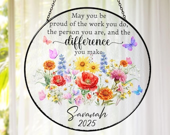 Personalized Floral Retirement Suncatcher, Retirement Faux Stained Glass Window Hanging, Retirement Decor, Retirement Gifts, Teacher Gifts