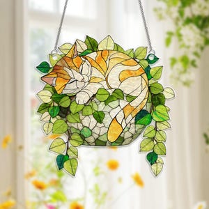 Cat Sleeping on Ivy Wavy Acrylic Ornament Window Hangings, Cat Wavy Hologram Ornament, Cozy Cat Decor, Plant Lover Gift, Ivy Garden Hanging