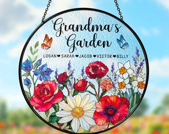 Custom Family Birth Flowers Glass Suncatcher, Christmas Gift For Mom, Custom Mom's Garden Gift, Flower Glass Art, Birth Flower Gift For Nana