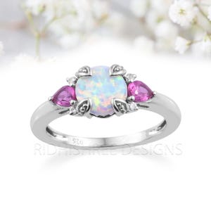 Anillo de bodas de ópalo, zafiro rosa y diamante / Anillo nupcial de plata esterlina hecho a mano / Anillo de compromiso o promesa único / Regalo romántico para ella