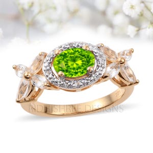 Anel de ouro com peridoto e pedra de nascimento de diamante, anel de presente de aniversário de agosto com diamante, anel de compromisso com pedra preciosa verde para ela, presente exclusivo para a mãe