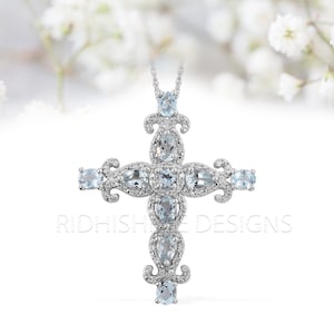Aquamarine and Diamond Cross Pendant Necklace | 925 Sterling Silver Religious Gift Jewelry | March Birthstone Gift for Wife or Girlfriend