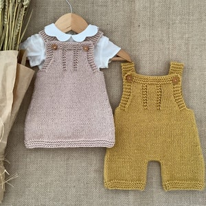 Snow Overalls and Dress Knitting Pattern Set | Baby Overalls Knitting Pattern | Baby Dress Knitting Pattern | 0-24 months | PDF in English