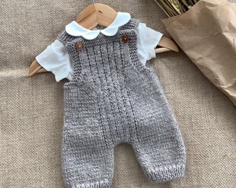 Grey Overalls Knitting Pattern | Baby Romper Knitting Pattern | Baby Dungarees Knitting Pattern | PDF in English | 0-24 months |