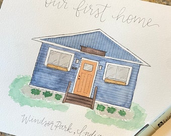 Custom Watercolor Home Portrait - Hand Painted