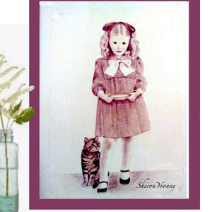 Little Girl and Cat, wall hanging, child&#39;s room, gift, digital print, pencil drawing, hand drawn, animal, children, affordable