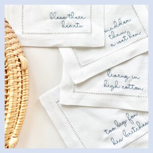 Southern Gossip Cocktail Napkins, Set of 4, Hostess Gift, Embroidered Linen Napkins