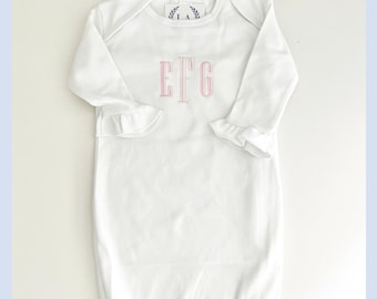 Girls Ruffle Baby Gown, Monogrammed Baby Gown, Newborn Coming Home Outfit