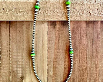 18&quot; Green Mohave Sterling Silver Pearl Boho Statement Necklace Everyday Gift Southwest Modern Jewelry