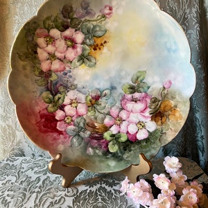 Vintage &quot;Limoges&quot; Hand-Painted Porcelain Scalloped Platter with Wild Roses, Signed