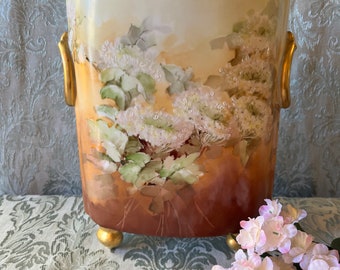 Vintage "William Guerin" Limoges Hand-Painted Porcelain Cache Pot with White Flowers