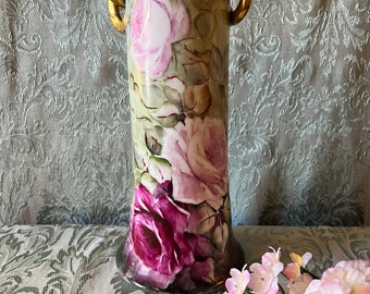 Vintage "Vienna Austria" Hand-Painted Porcelain Handled Vase with Roses