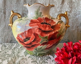 Vintage "Jean Pouyat" Limoges Hand-Painted Handled Pillow Vase with Poppies