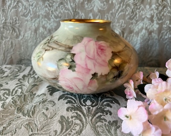 Vintage "Bernardaud & Co." Limoges Hand-Painted Porcelain Low Vase with Roses, Signed