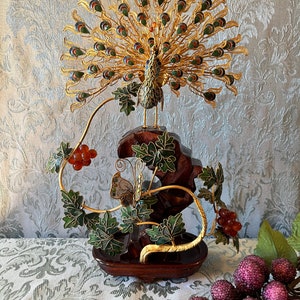 Vintage &quot;Chinese&quot; Enameled Brass Wire Peacock with Leaves and Butterfly on Wood Stand